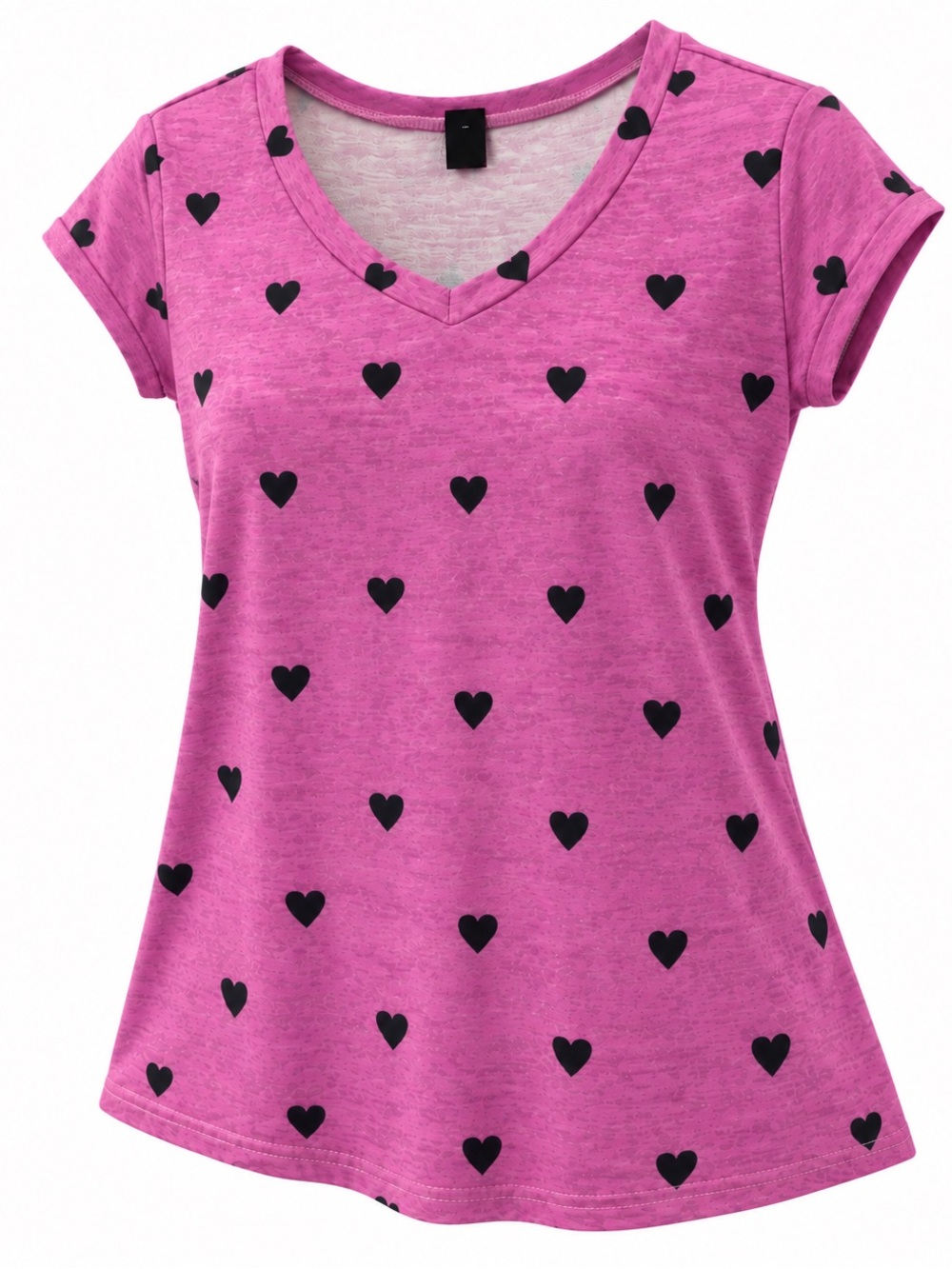 SHEIN Pink V-Neck Tee with Black Heart Print